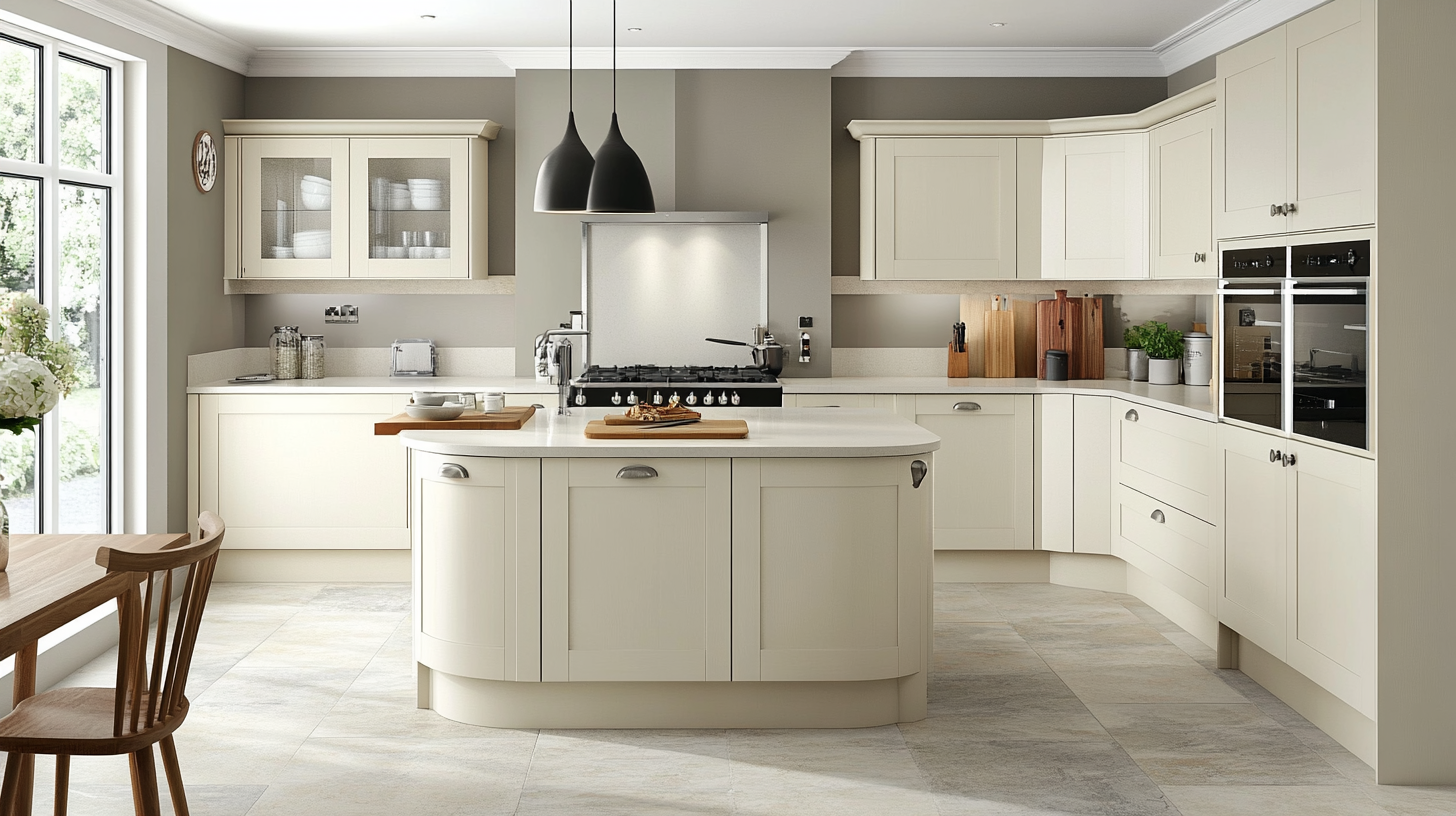 A sleek and modern kitchen with ivory Shaker-style cabinets, clean lines, and minimalist design. The kitchen boasts high-end appliances, a marble countertop, and ample natural light flooding the space.