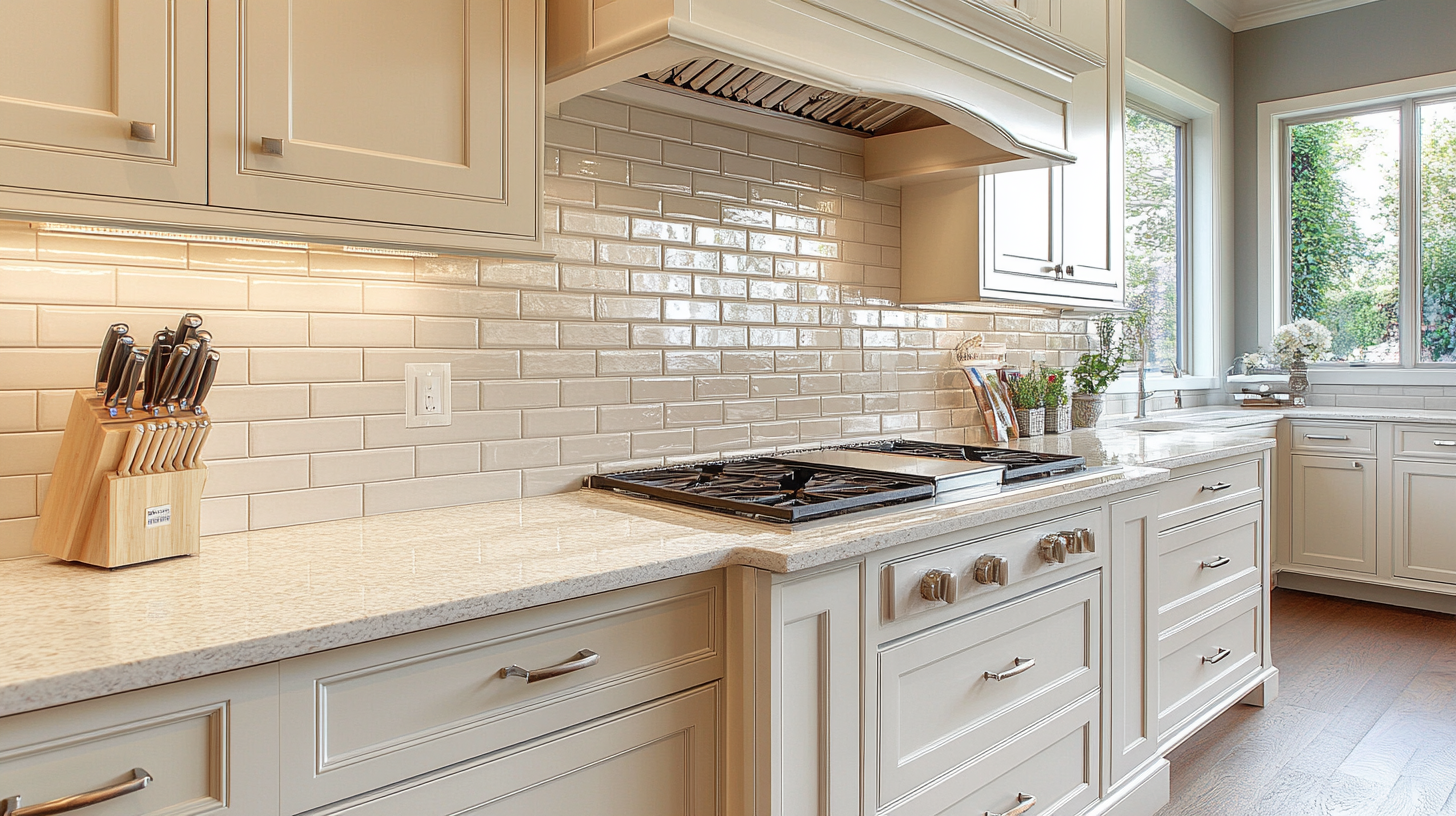 A modern kitchen with ivory cabinetry, sleek countertops, and a stylish subway tile backsplash. The space includes stainless steel appliances and under-cabinet lighting that enhances the soft tones of the ivory, creating a bright, functional kitchen.