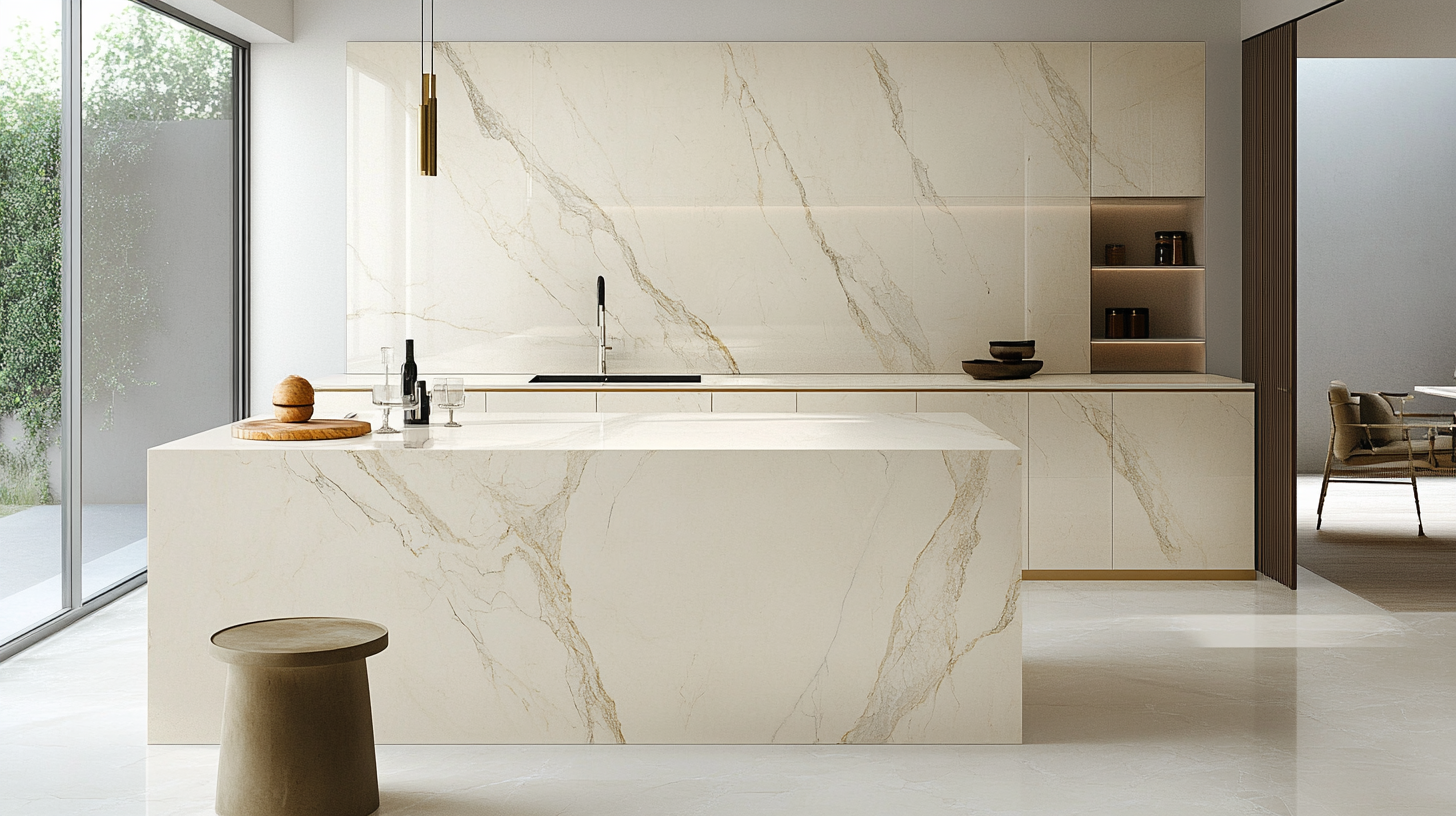 A bright, sophisticated ivory kitchen featuring light-colored marble countertops. The open space includes modern appliances, a large kitchen island, and sleek cabinetry, creating a warm, inviting atmosphere.