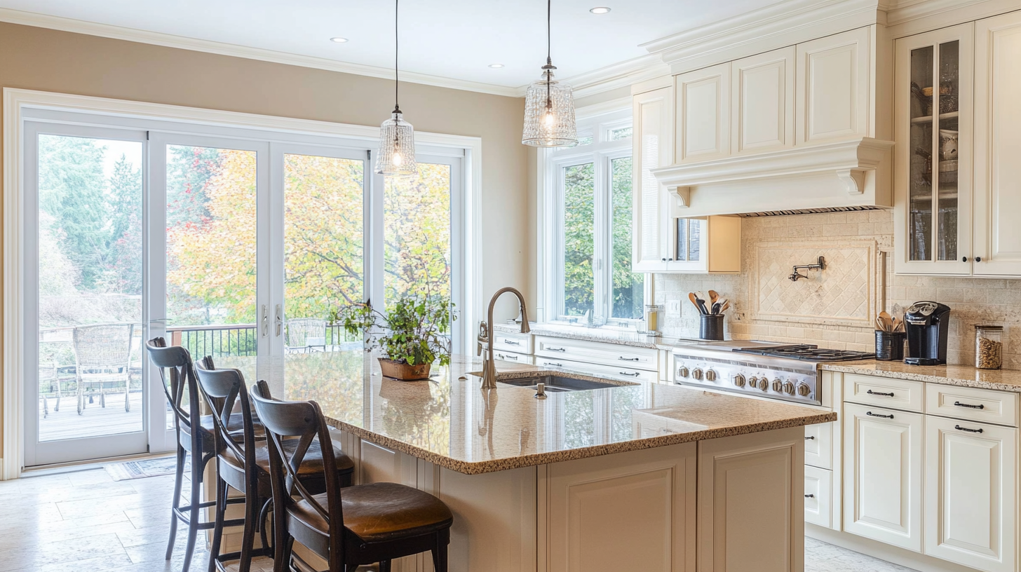 Spacious ivory kitchen with a large island, modern appliances, and expansive windows that bring in natural light. The well-organized space features stylish cabinetry, a sleek countertop, and an inviting atmosphere.