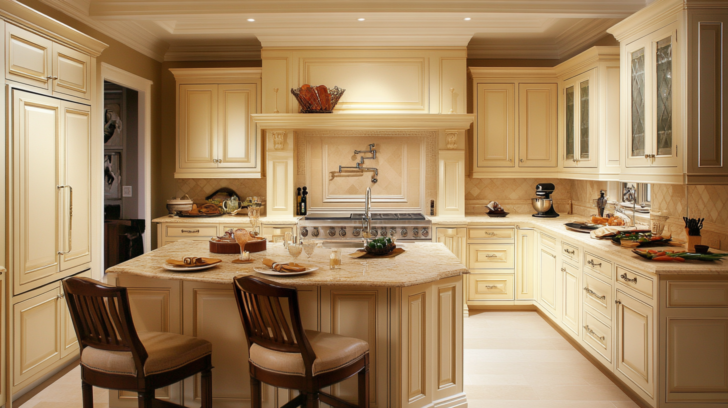 An elegant and timeless ivory kitchen with classic design elements, including raised-panel cabinets, natural stone countertops, and soft, warm lighting. The kitchen combines sophistication with practicality, offering a luxurious cooking space.