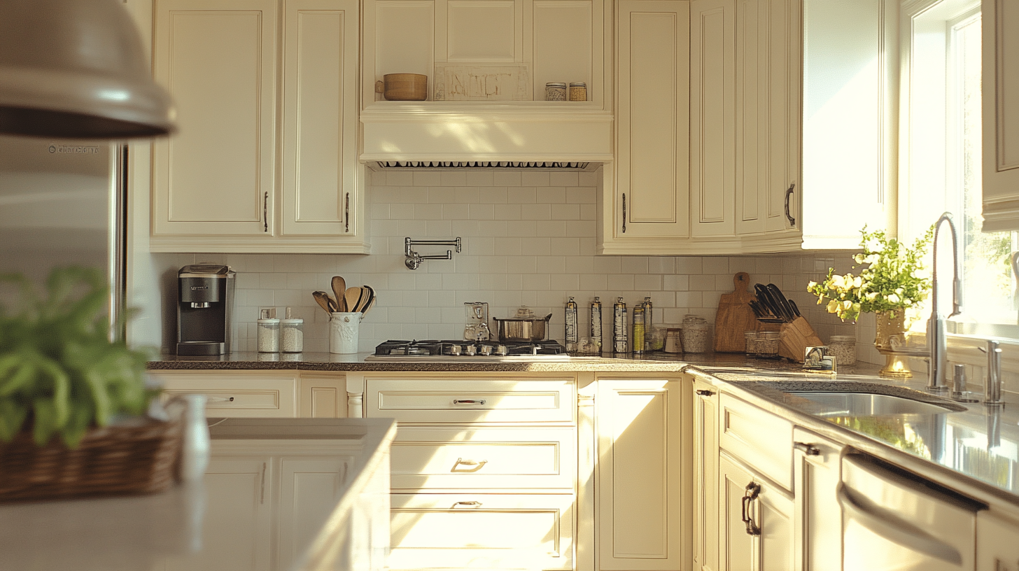 Traditional kitchen with ivory cabinetry and ample storage space. The layout is designed for efficiency, with a large island providing extra counter space and storage.