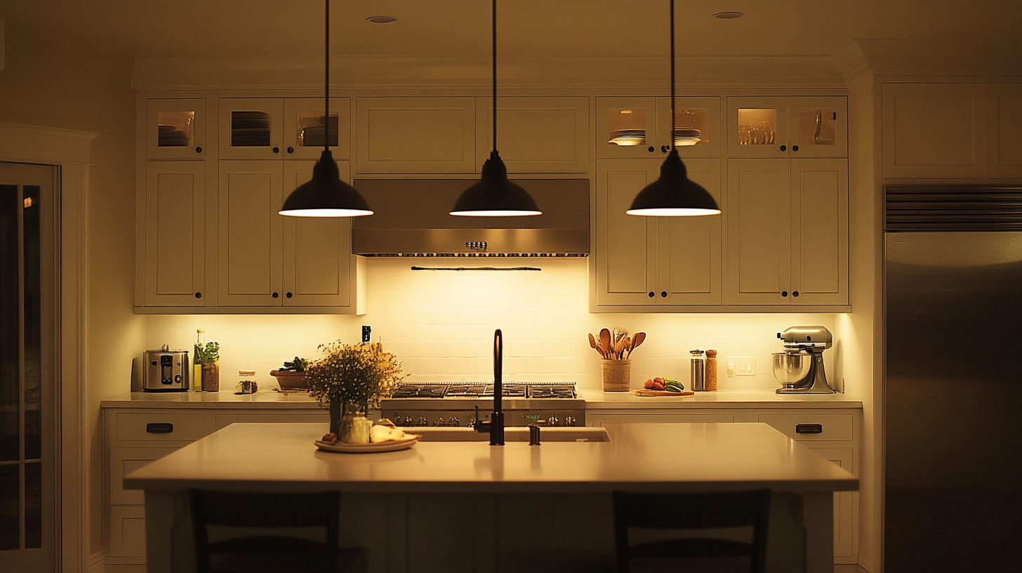 A warm and inviting ivory kitchen with layered lighting, including pendant lights and under-cabinet lighting, creating a welcoming ambiance. The ivory cabinetry and countertops are complemented by dark wood floors for contrast.
