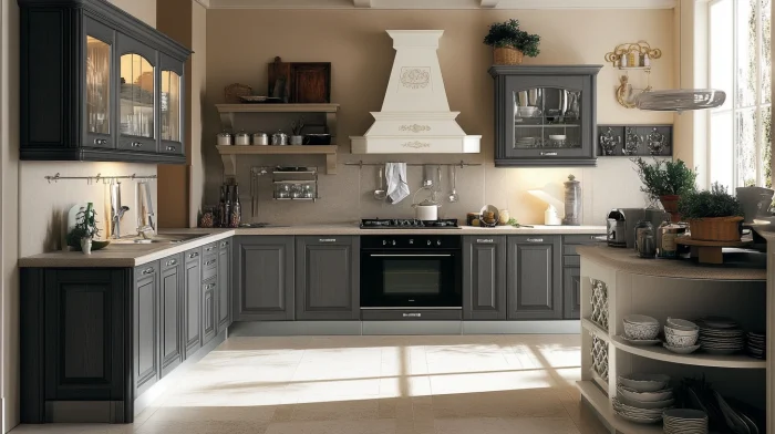 What Wall Color Goes With Grey Kitchen Cabinets? 1 Beige wall with grey kitchen cabinets in a warm and balanced classic kitchen.
