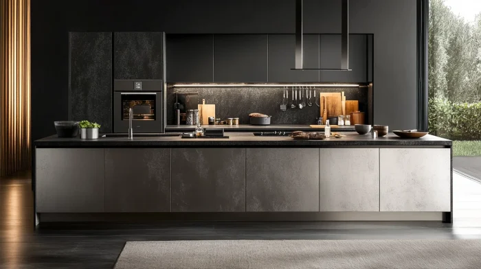 Black wall with grey kitchen cabinets in a modern industrial-style kitchen.