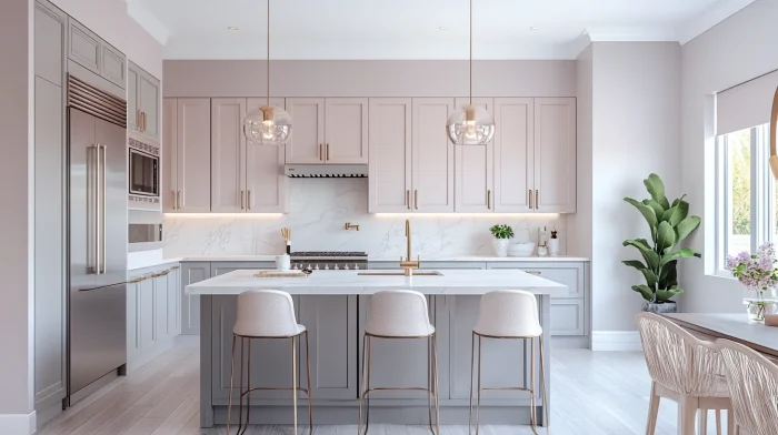 What Wall Color Goes With Grey Kitchen Cabinets? 2 Blush pink wall with cool grey kitchen cabinets and minimalist hardware.