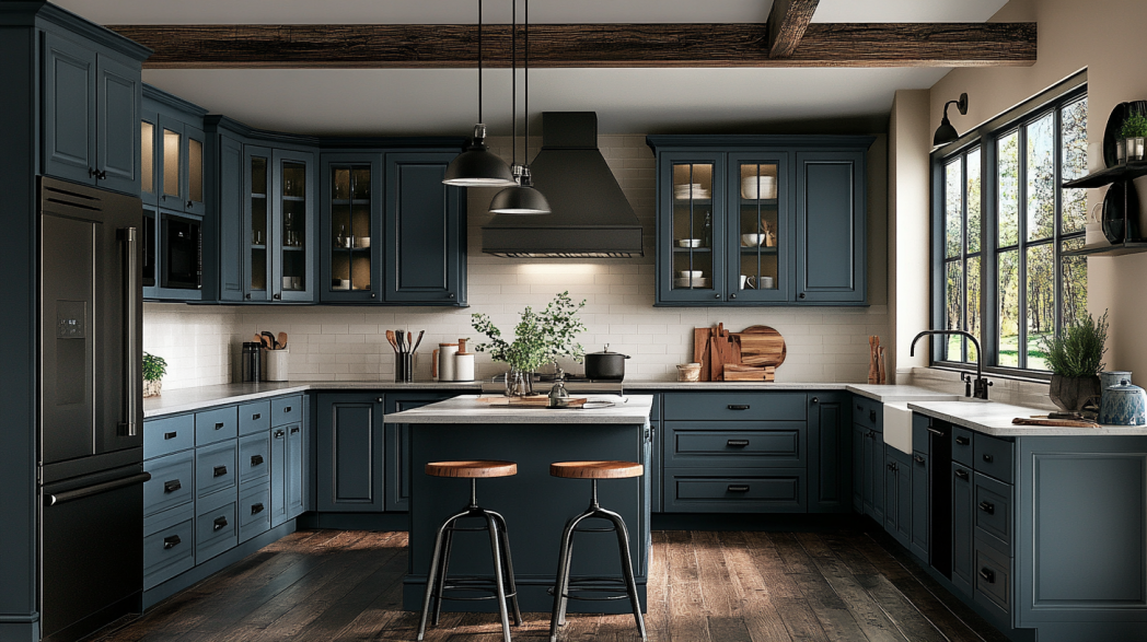 Latest blue kitchen cabinets design ideas 1 Charcoal blue kitchen cabinets with matte black fixtures, modern style