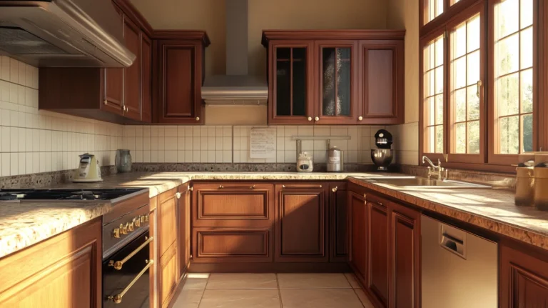 Cozy kitchen featuring mahogany wood cabinets, granite countertops, and natural lighting from large windows