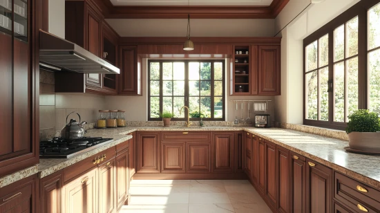 Elegant kitchen with mahogany kitchen cabinets, granite countertops, and a bright window view