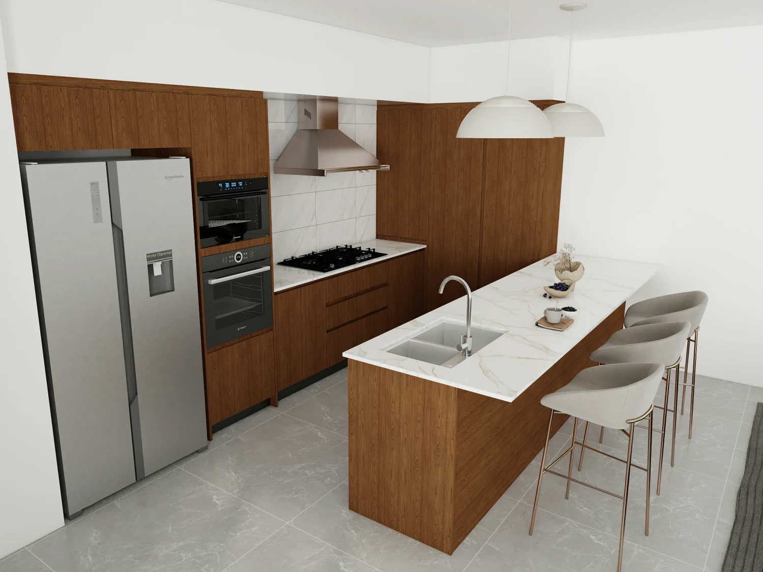 Classic wood and white kitchen quartz countertops