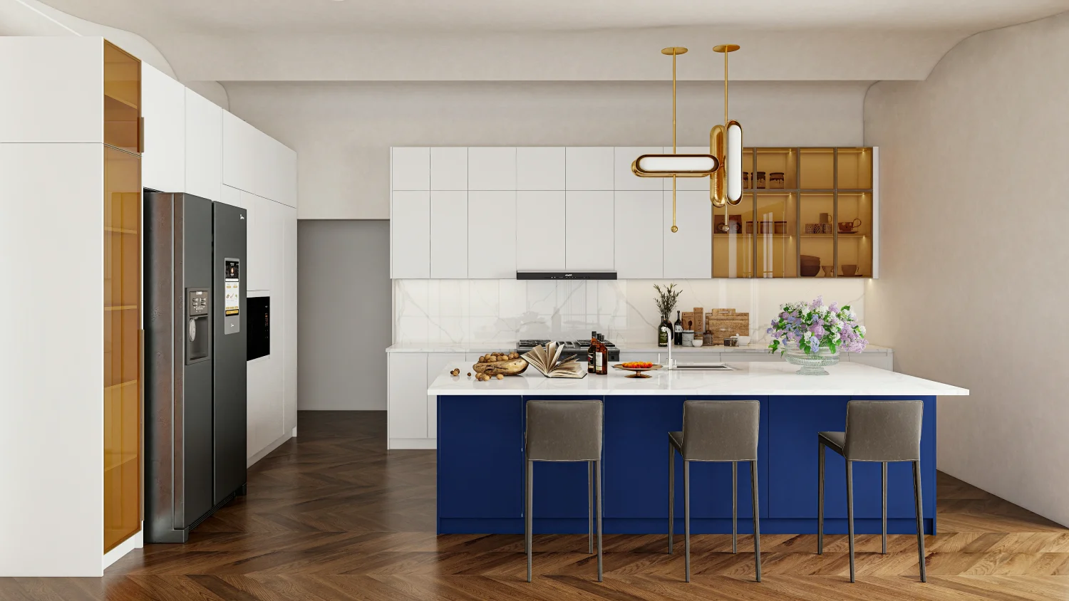 Latest blue kitchen cabinets design ideas 15 Cobalt blue kitchen cabinets with white uppers and amber glass shelves