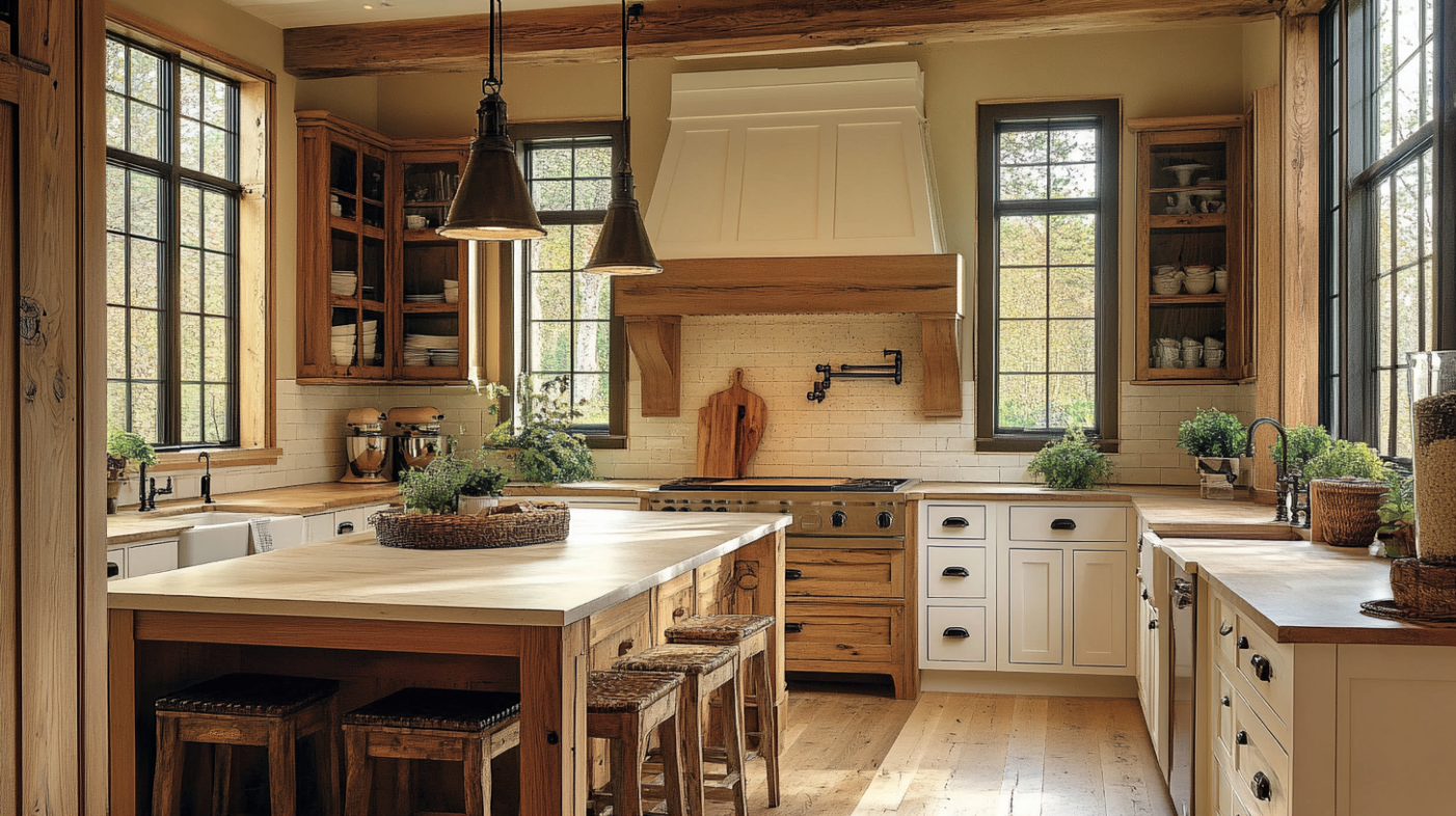 Rustic framed cabinets with natural wood and deep white finishes.