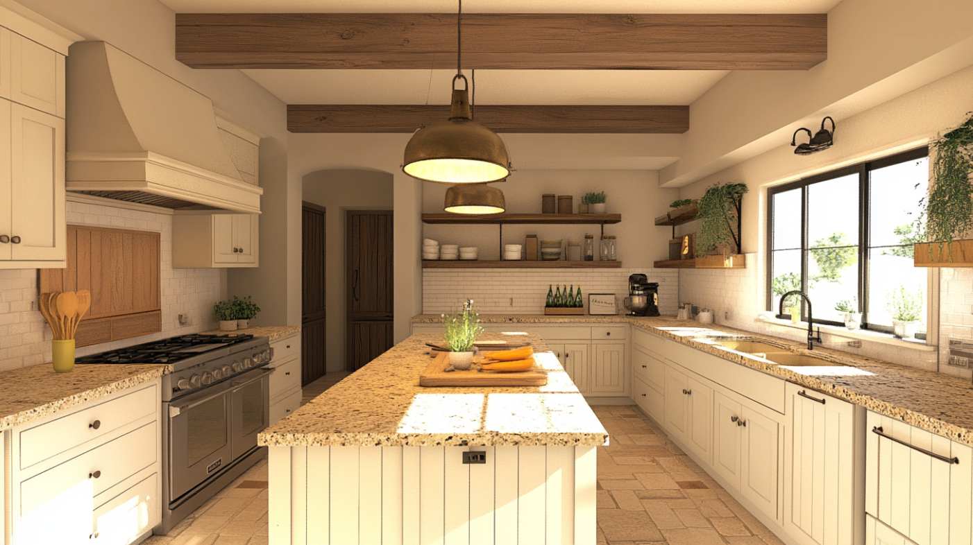 Cozy kitchen with cream kitchen cabinets, terracotta tiles, and wooden accents