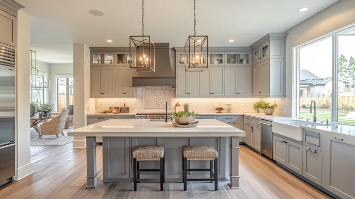 What Wall Color Goes With Grey Kitchen Cabinets? 3 Cream walls with grey kitchen cabinets in a bright, open-concept kitchen design.