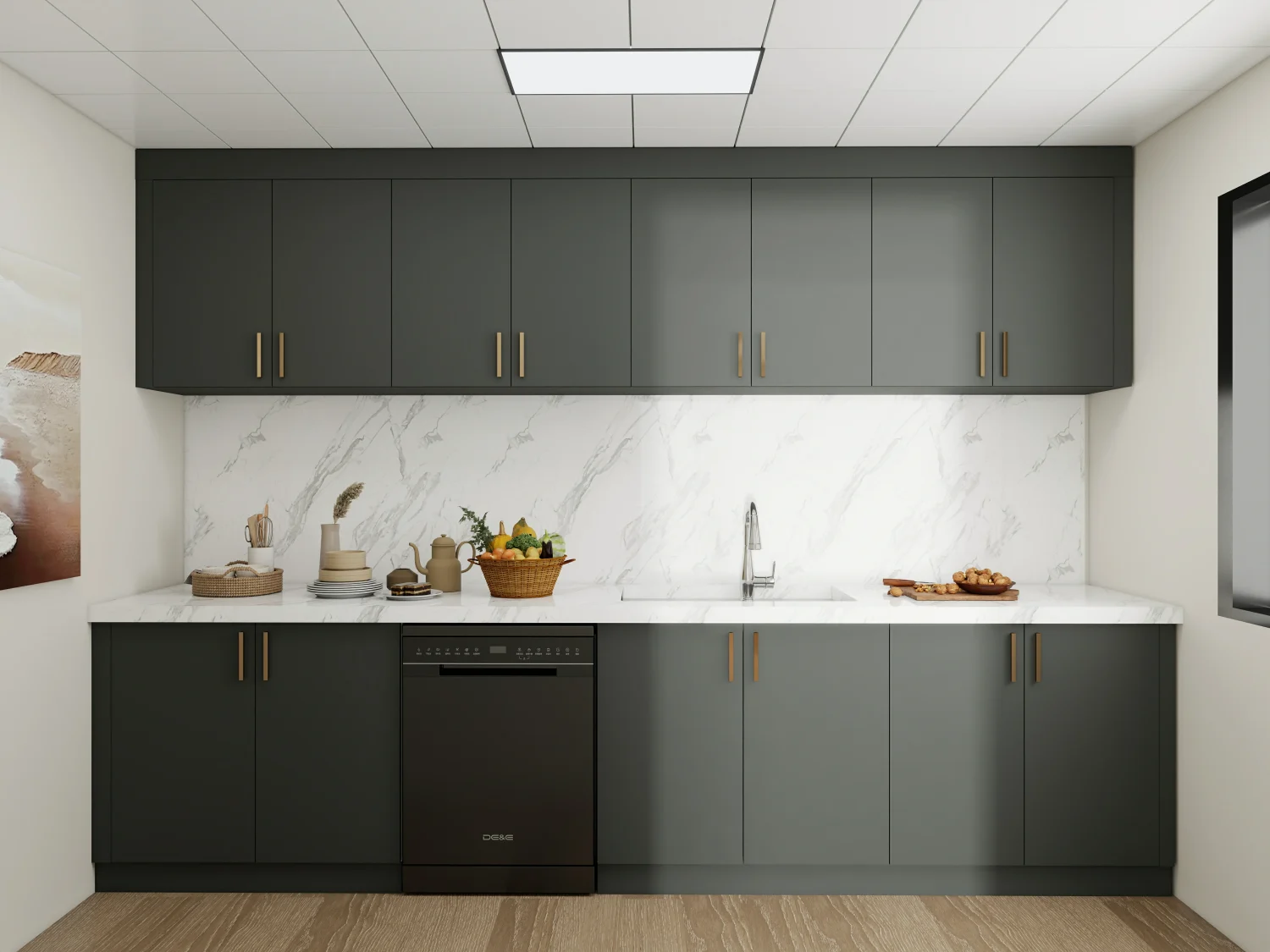 Dark cabinets and quartz white kitchen countertops