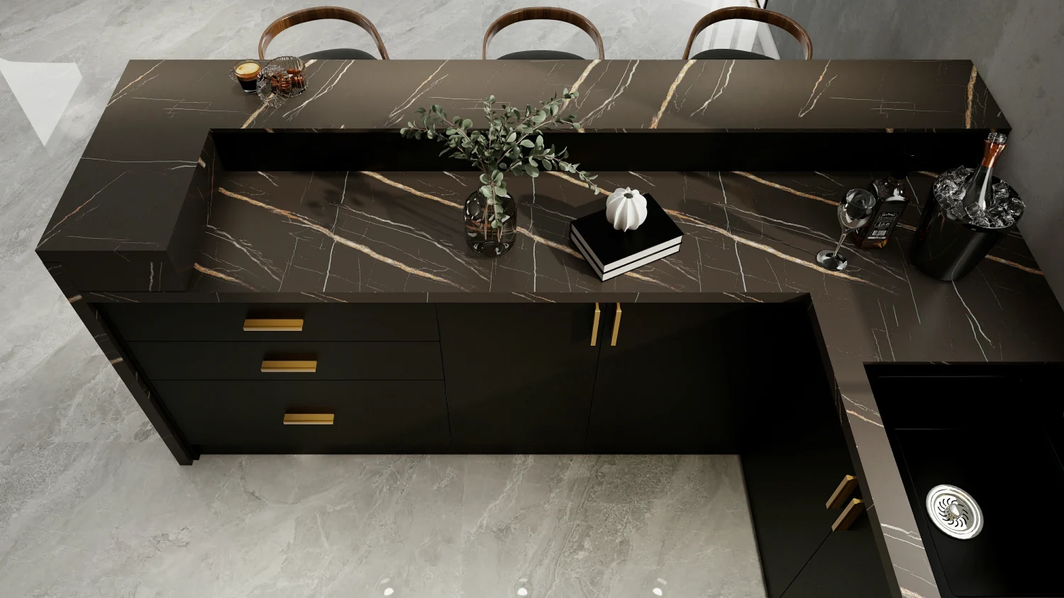 Contemporary kitchen with dark wood cabinets and luxurious black marble countertops
