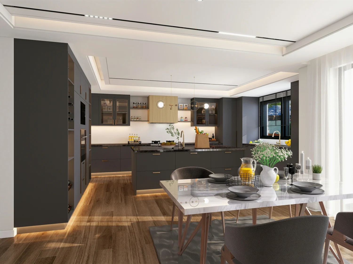 Sleek modern kitchen with dark wood cabinets and deep color wooden floors