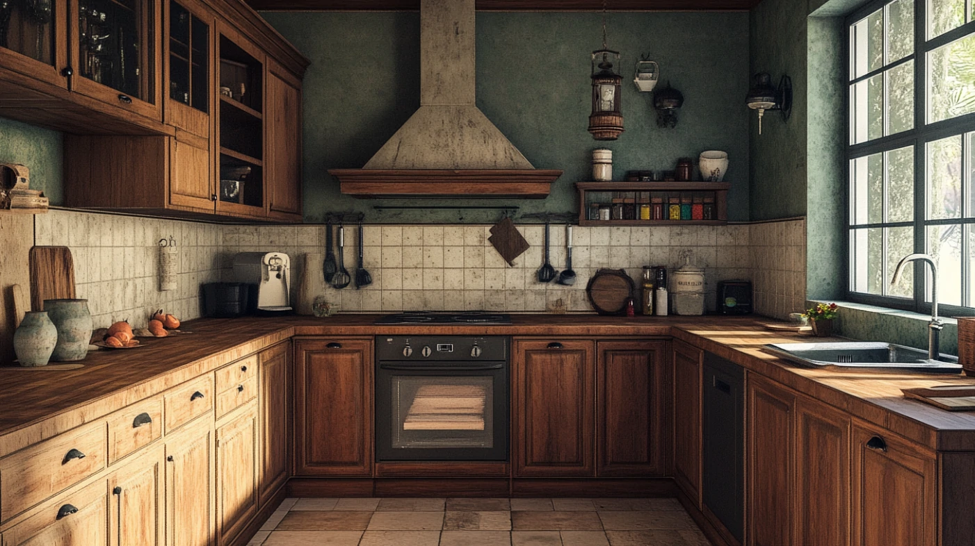 Farmhouse-style kitchen with mahogany wood cabinets, soapstone countertops, and rustic iron pulls