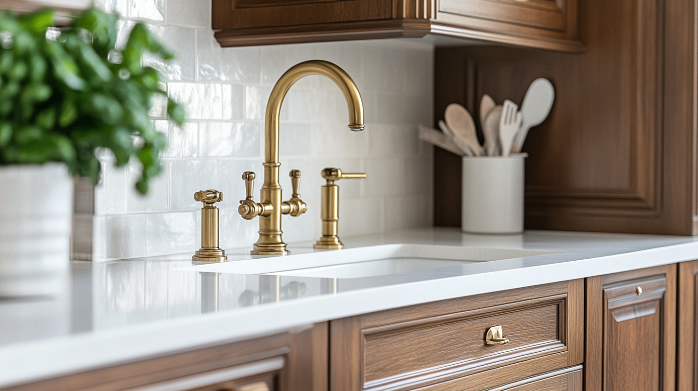 Farmhouse sink with white quartz kitchen countertops