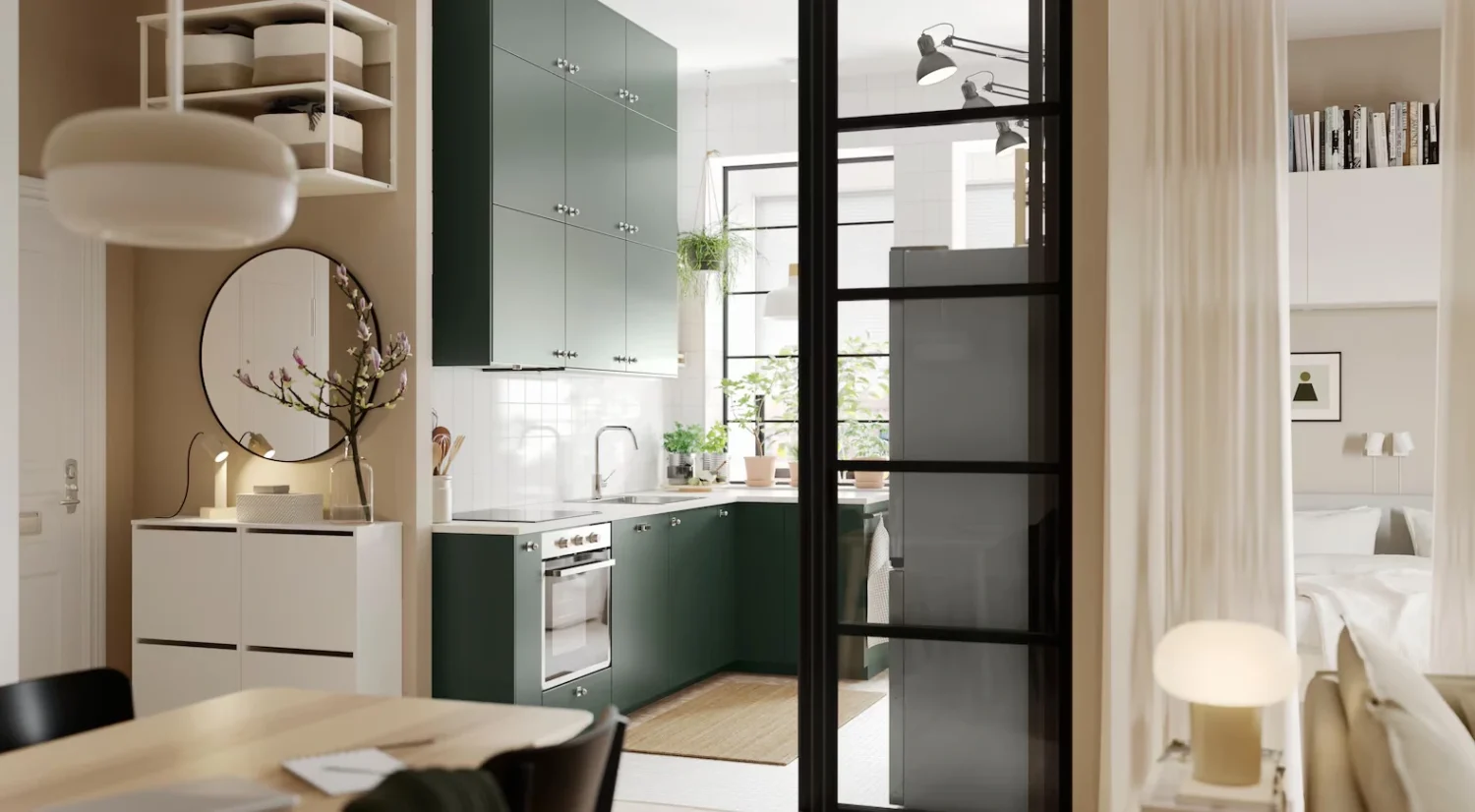 IKEA kitchen cabinets in a stylish kitchen, assembly required for setup.