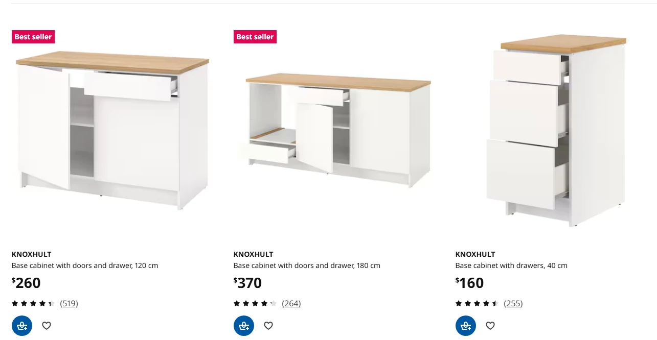 IKEA kitchen cabinets with wooden tops, perfect for budget-friendly kitchen renovations.
