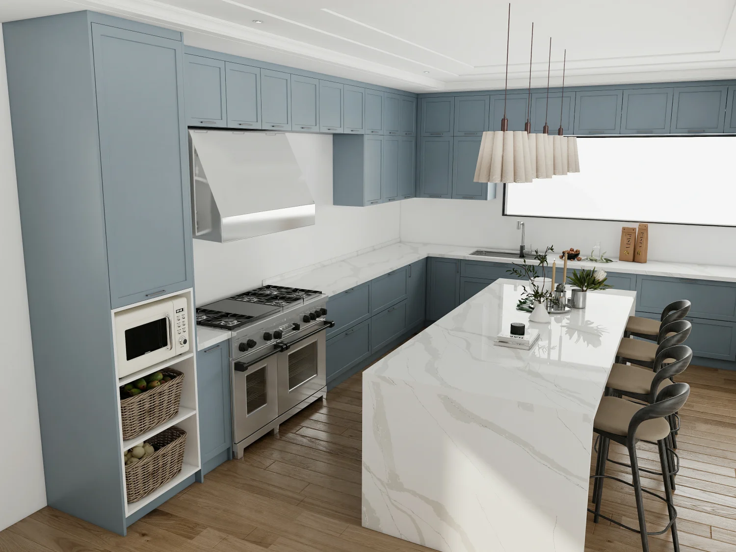 Latest blue kitchen cabinets design ideas 12 Modern light blue kitchen cabinets with elegant marble countertop island