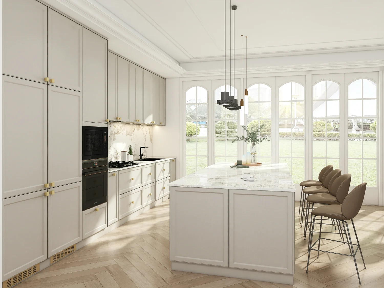 Light-colored shaker style cabinet in a well-lit kitchen