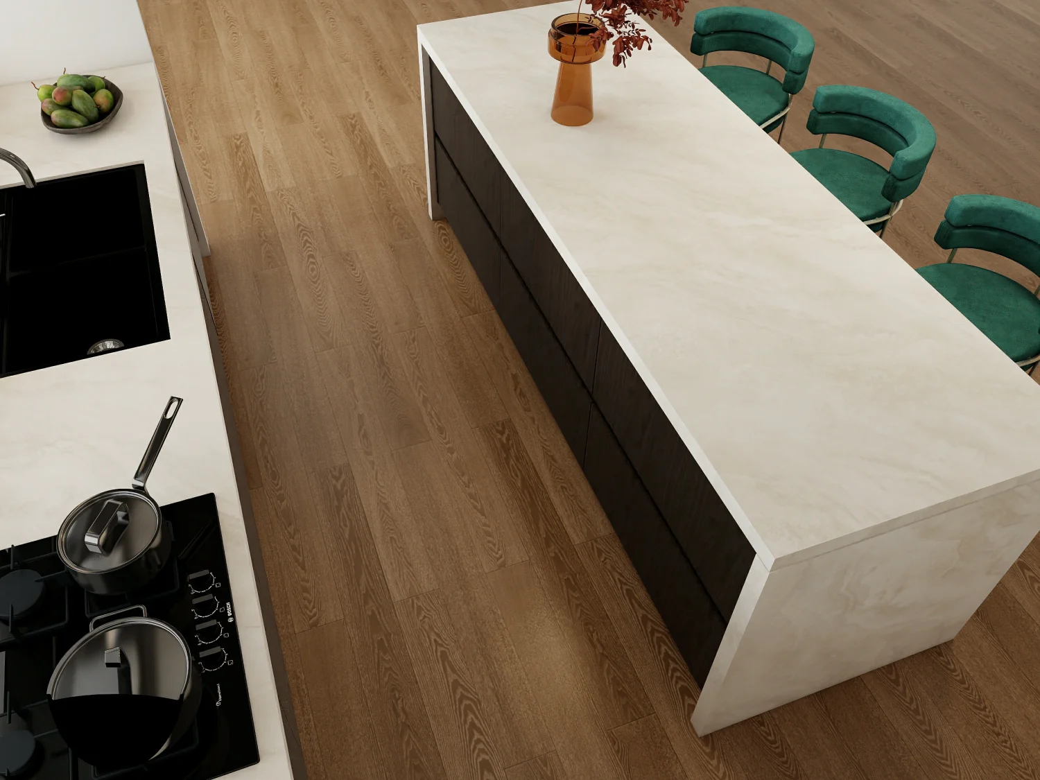 Luxury kitchen with dark wood cabinets, a white countertop, and green velvet chairs