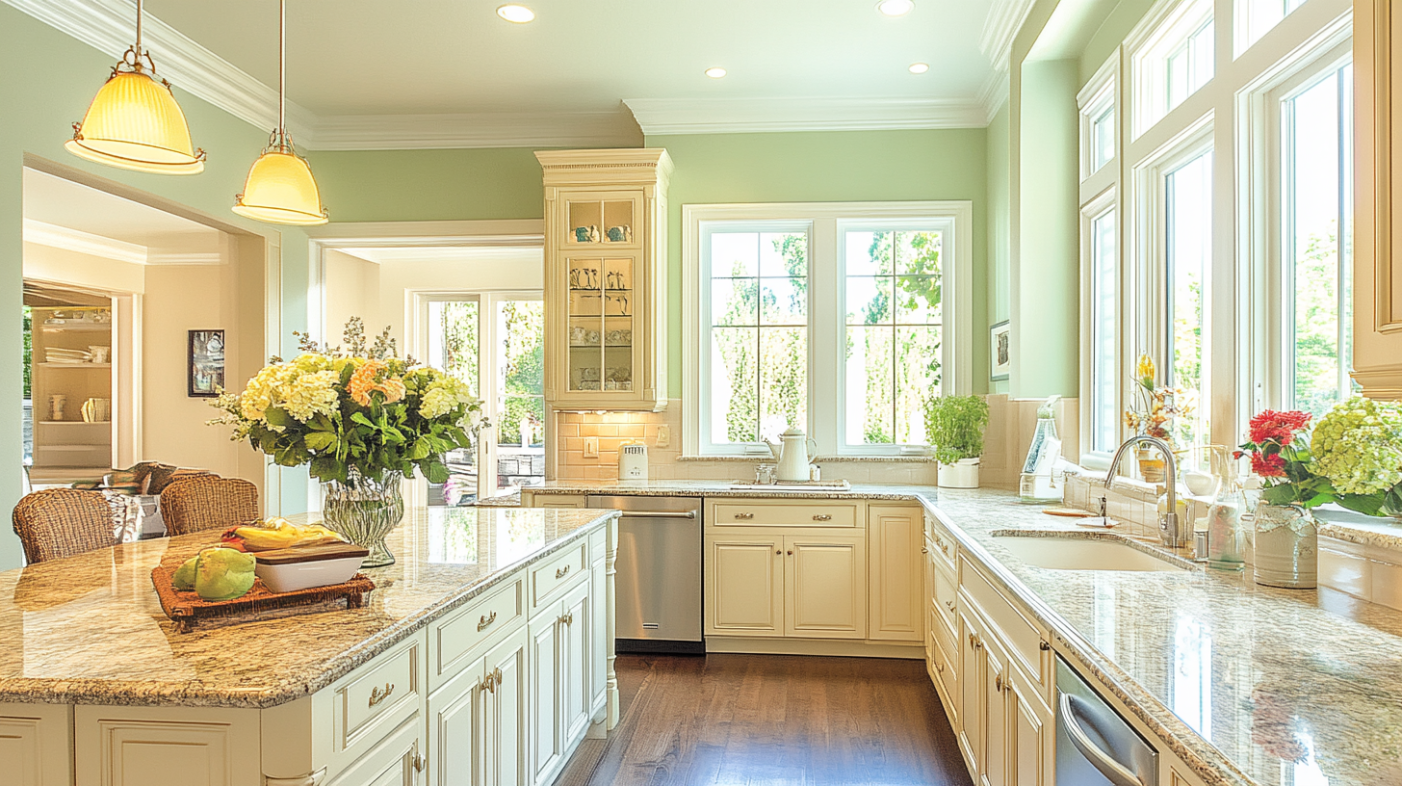 Light and airy kitchen featuring cream kitchen cabinets and pastel mint green walls.