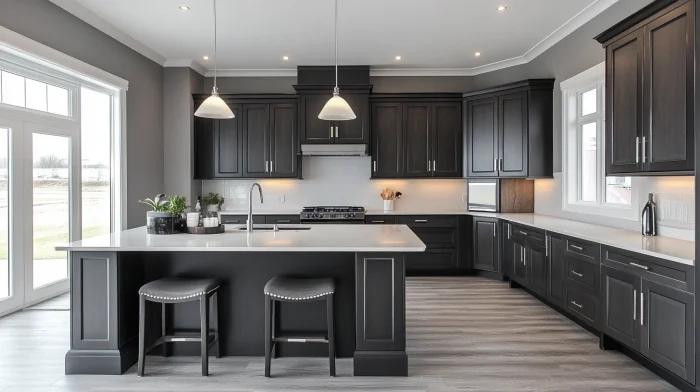 What Wall Color Goes With Grey Kitchen Cabinets? 4 Light grey walls and grey kitchen cabinets in a layered monochrome kitchen design.