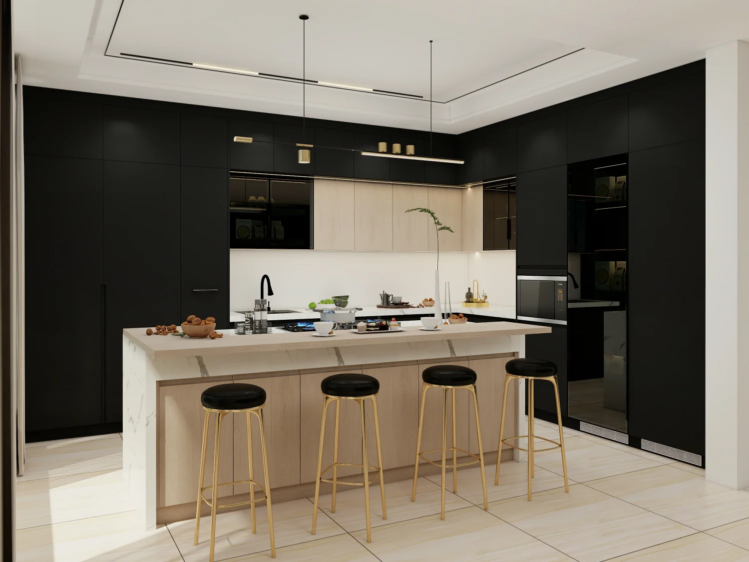 Modern kitchen featuring dark wood cabinets with light wood floors