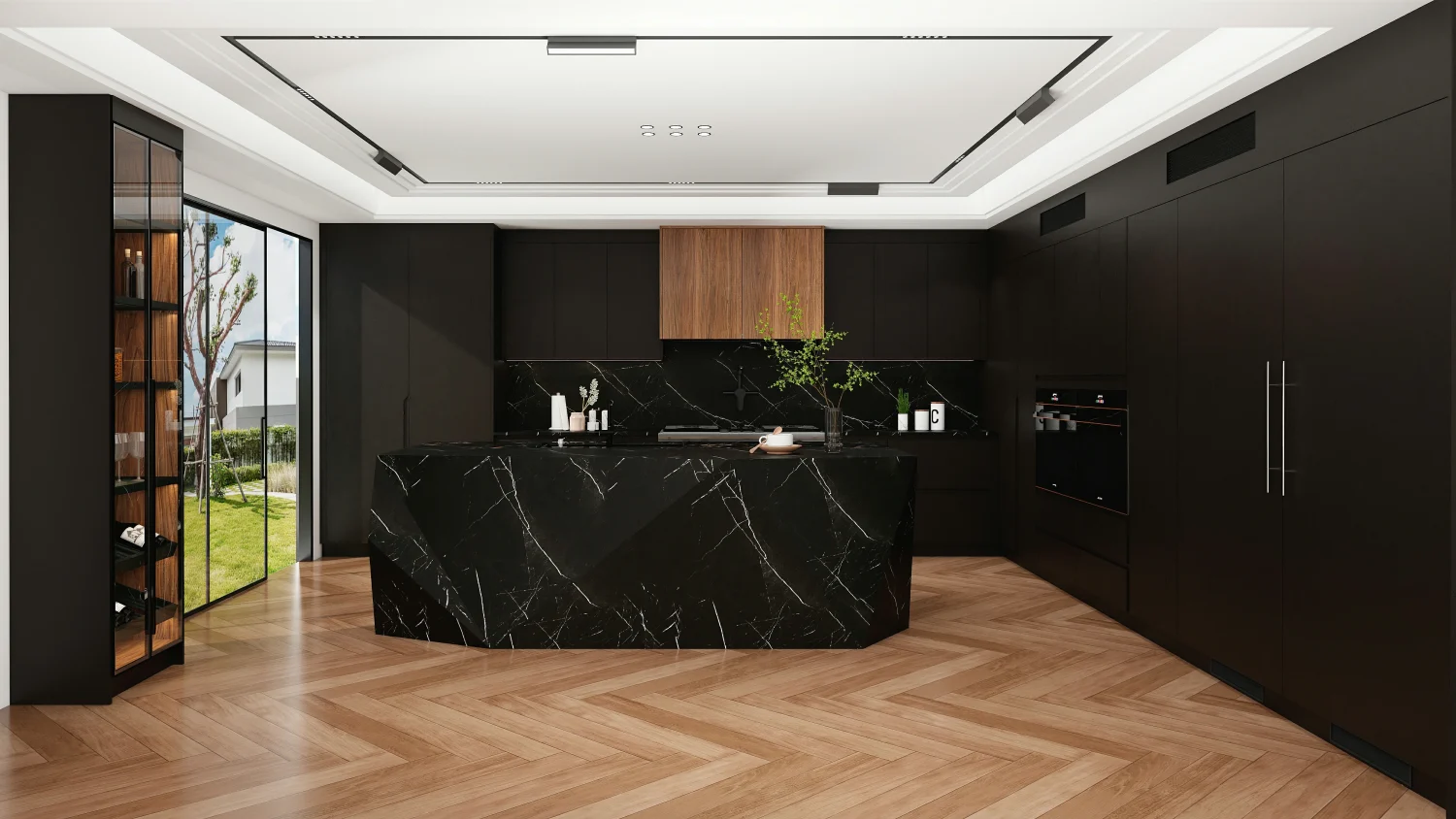 Kitchen with black wood cabinets and light countertops, ideal for a luxury look