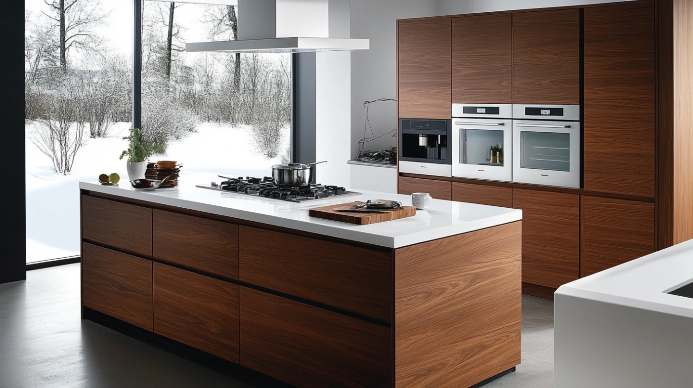 Modern kitchen with sleek mahogany wood cabinets and white quartz countertops
