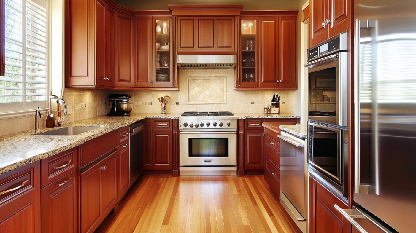 Modern kitchen featuring mahogany wood cabinets, granite countertops, and stainless steel appliances