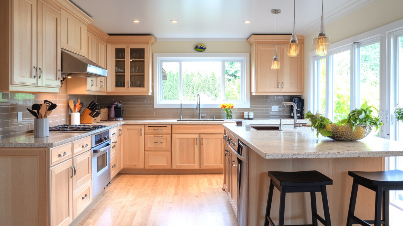 Maple Shaker cabinet doors showcasing a natural wood finish in a kitchen