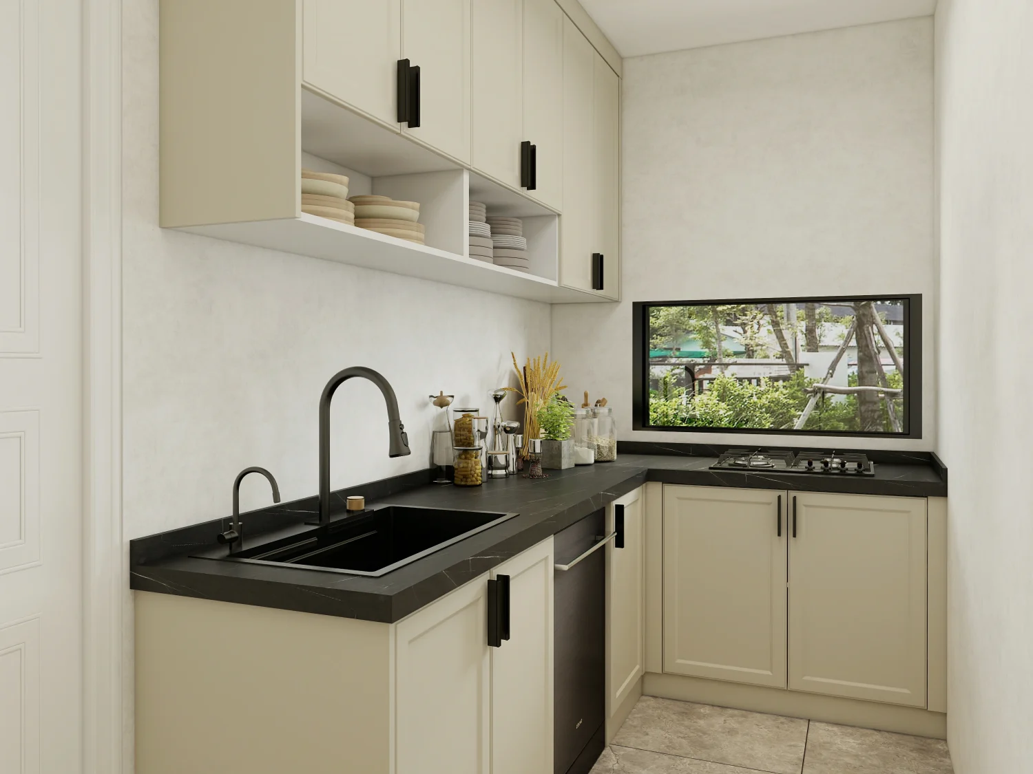 Marble countertop paired with shaker kitchen cabinets in a modern space