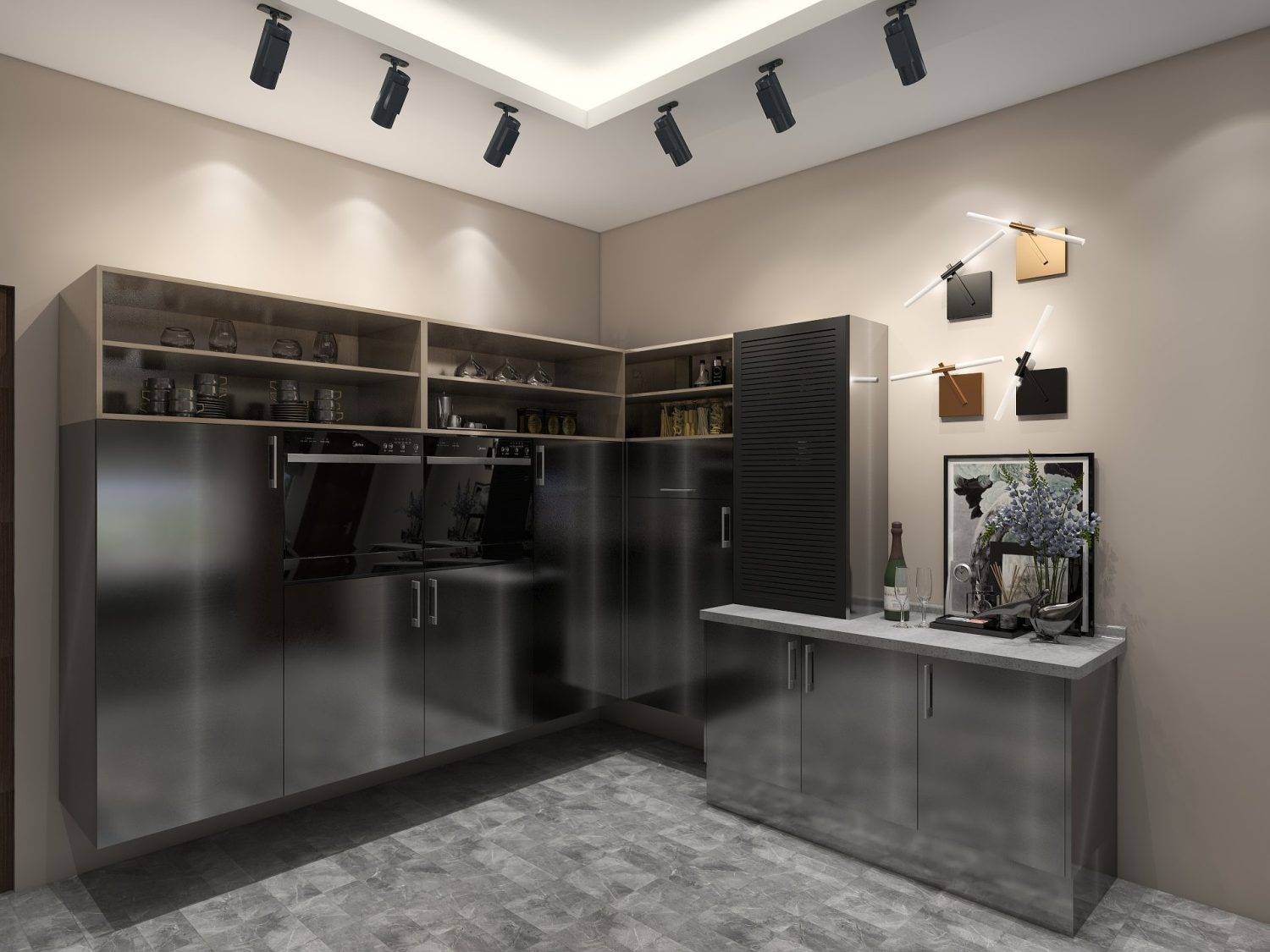 Modern kitchen with sleek metal kitchen cabinets, high-end appliances, and contemporary design elements