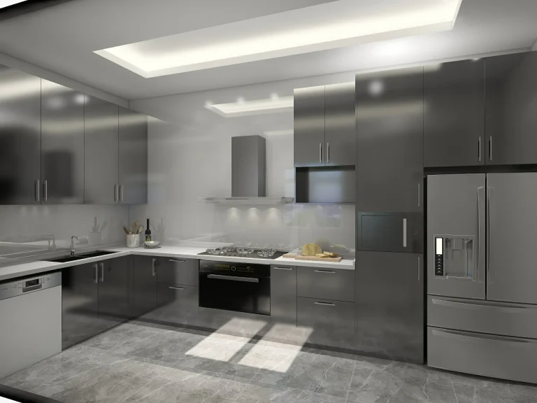 Modern kitchen with sleek metal kitchen cabinets, stainless steel appliances, and contemporary design elements