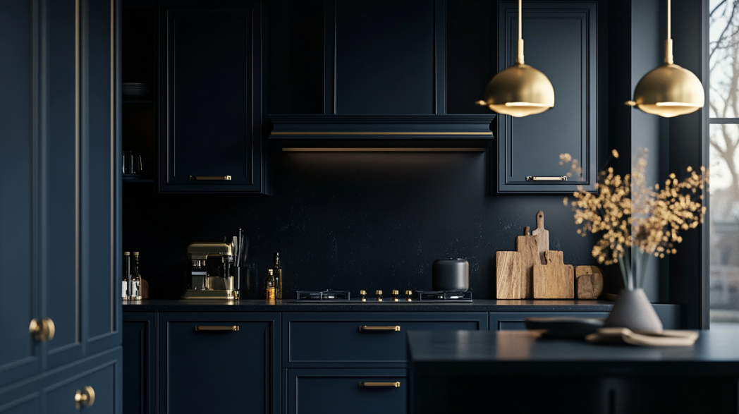 Latest blue kitchen cabinets design ideas 2 Midnight blue kitchen cabinets with brass lighting fixtures, luxurious design