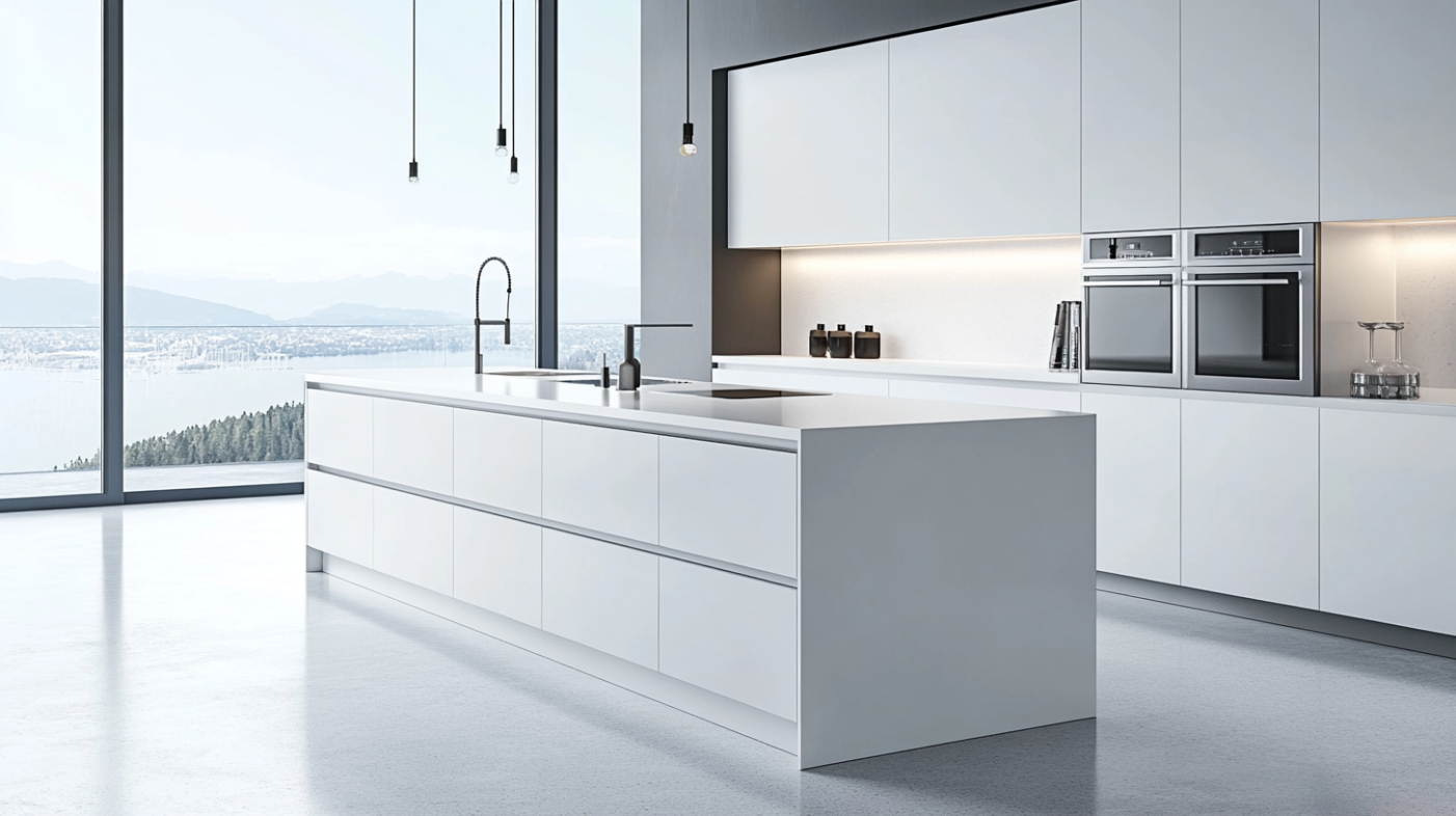 Minimalist space with white kitchen quartz countertops