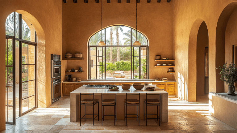 Modern Arabic style open kitchen with natural light, wood cabinetry, and garden view