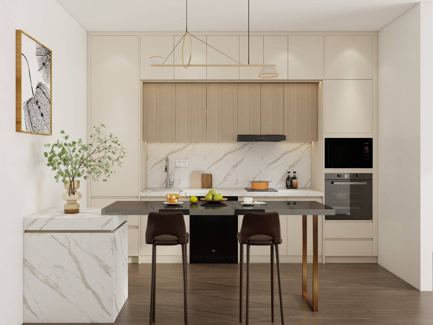 modern-cream-kitchen-cabinets A modern kitchen with cream kitchen cabinets, sleek countertops and appliances
