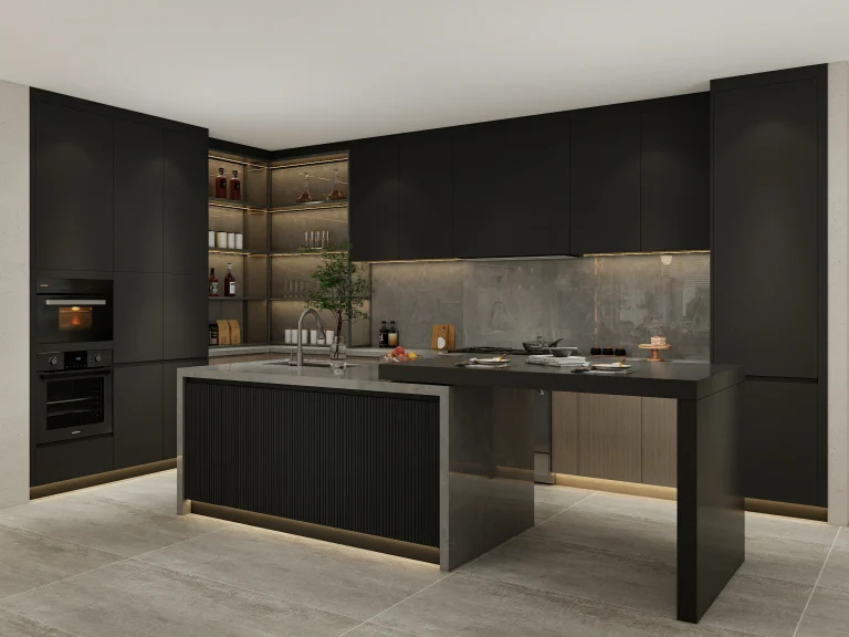 Modern kitchen with dark wood cabinets and sleek stone countertops