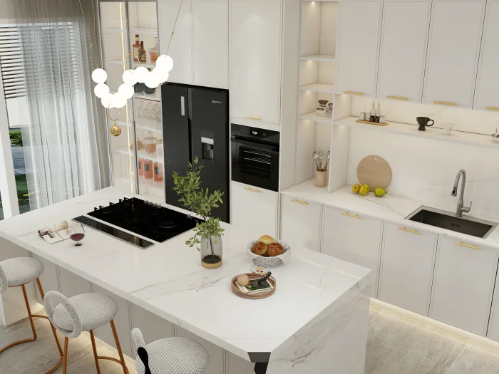 Modern kitchen with white quartz kitchen countertops