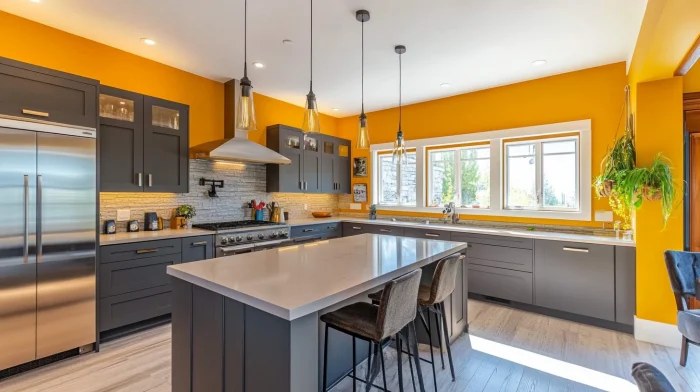 What Wall Color Goes With Grey Kitchen Cabinets? 5 Mustard yellow wall with blue grey kitchen cabinets in a vibrant retro kitchen.