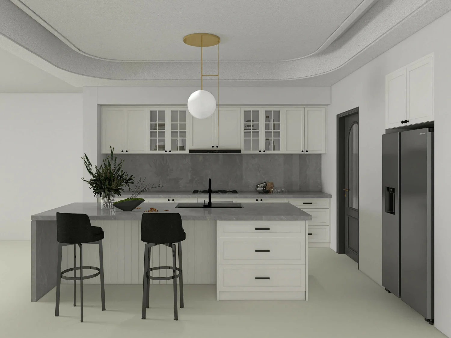 Natural stone backsplash in a shaker cabinet kitchen design