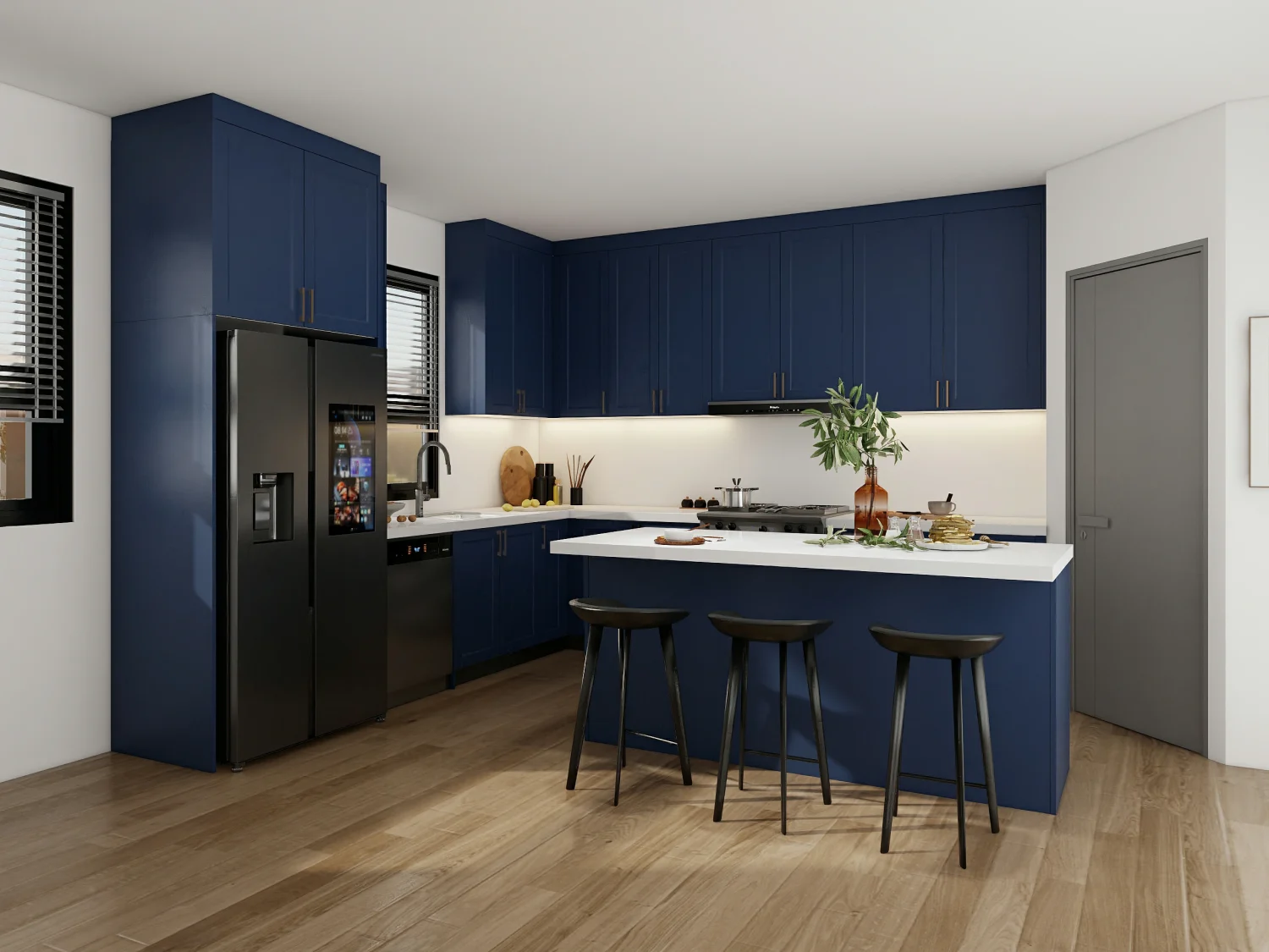 Latest blue kitchen cabinets design ideas 9 Navy blue kitchen cabinets with matte black appliances and modern design