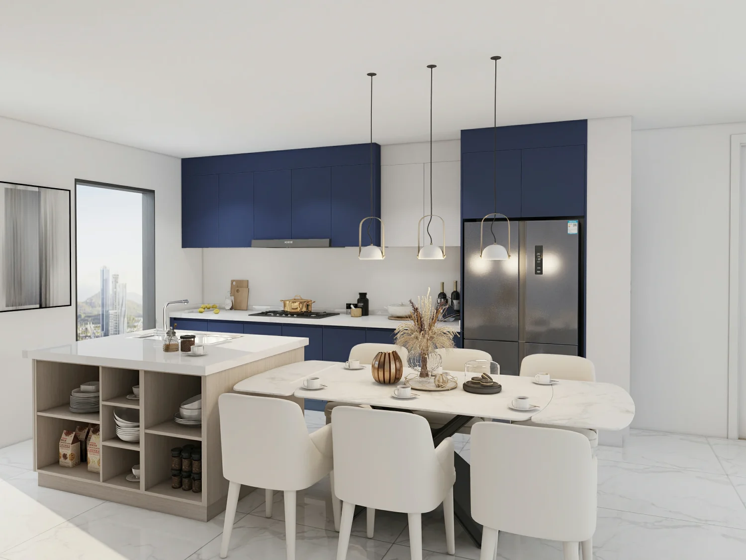 Latest blue kitchen cabinets design ideas 8 Navy blue kitchen cabinets with marble island and dining table