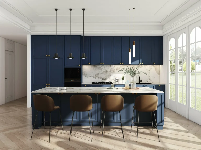 Bold navy shaker cabinets in a contemporary kitchen setting