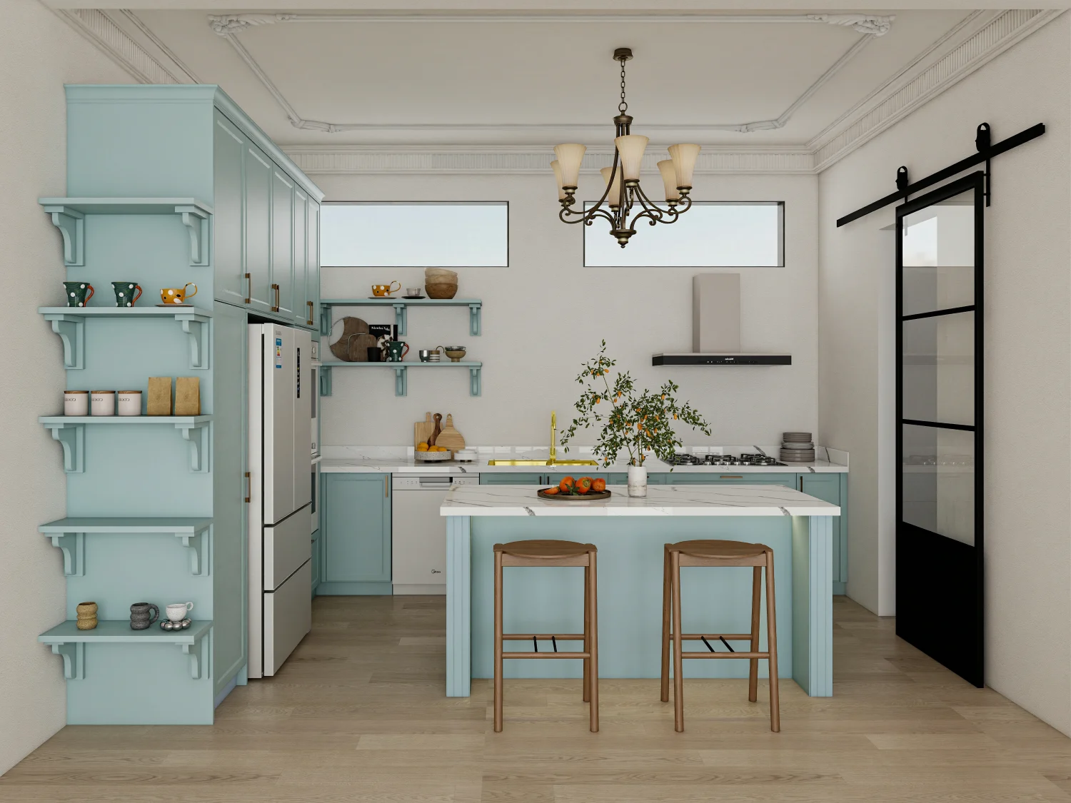 Latest blue kitchen cabinets design ideas 7 Pastel blue kitchen cabinets with open shelving and brass accents